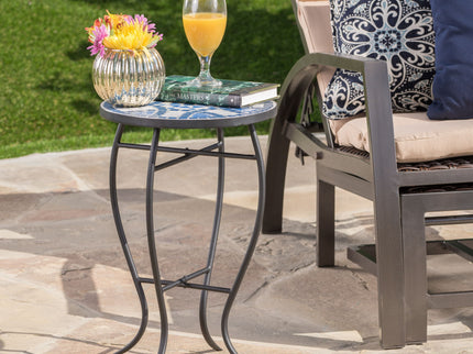 Outdoor Round Side Table With Mosaic Style Top And Curved Iron Legs - Blue / Matte Black