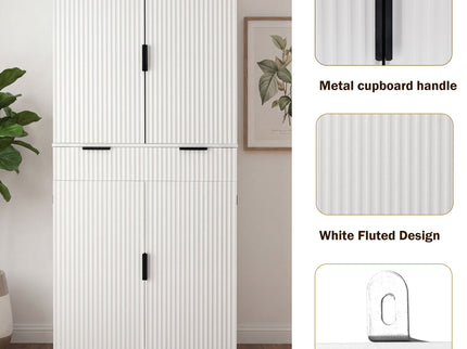 Fluted Kitchen Pantry Cabinet With 3 Keyboard Drawers & 6 Adjustable Door Shelves