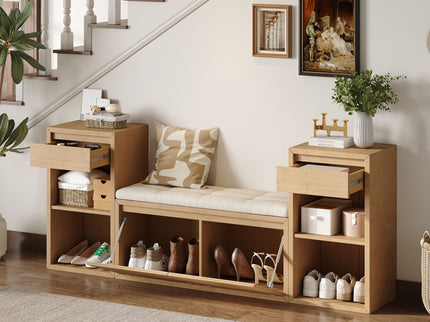 Entryway Storage Bench With Cushion, Drawers & Open Shelves