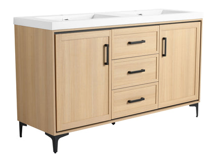Original 60" Freestanding Bathroom Vanity With Double Resin Sink Plywood Soft Closing Doors & Drawers - Oak