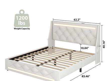 Wingback Upholstered Bed Frame With LED Lights, Charging Station
