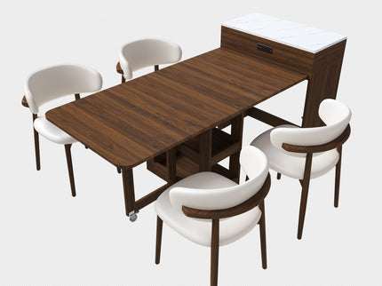 Extendable Dining Table With Power Socket, Lockable Casters, Storage Cabinet