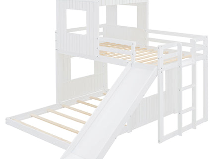 Loft Bunk Bed With Playhouse, Farmhouse, Ladder, Slide And Guardrails