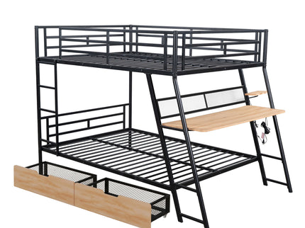 Full Size Bunk Bed With Built In Desk, Light, And 2 Drawers - Black