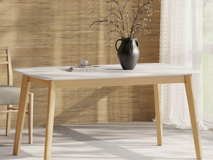 Dining Table With Splayed Rubberwood Legs & Faux Wood Tabletop, Mid Century Modern - White Oak