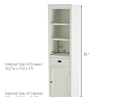 Retro Style 75'' Tall Display Shelf With Cabinet For Hallways Living Room Kitchen - White