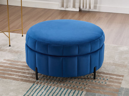 Upholstered Round Ottoman With Reversible Lid, Channel Tufted Pumpkin Shape