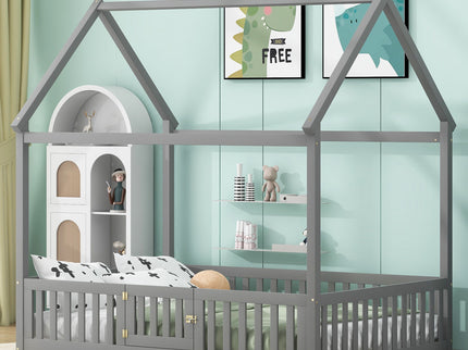 Wood House Bed With Fence And Door
