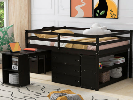 Loft Bed With Retractable Writing Desk And 3 Drawers With Storage Stairs And Shelves