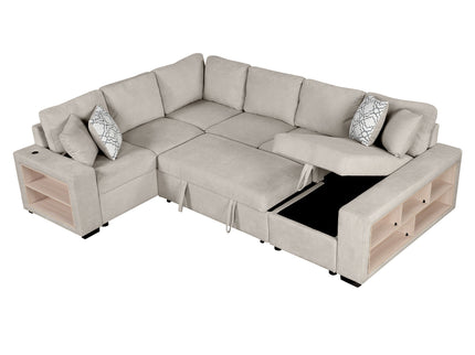 U-Shaped Sectional Sofa Pull-Out Sofa Bed With Two USB Ports, A Storage Chaise Lounge And Four Back Pillows For Living Room