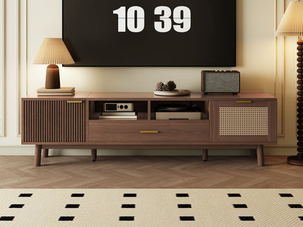 TV Stand For 75" TVs With Soft Closing Doors, Console With Accents And Drop Down Cabinet - Dark Brown