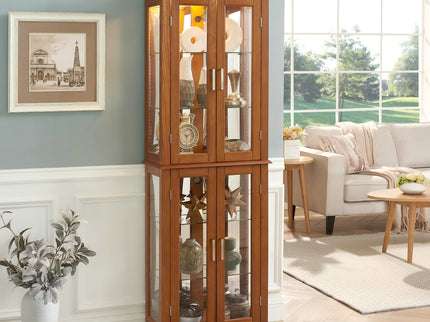 Curio Cabinet Lighted Curio Diapaly Cabinet With Adjustable Shelves And Mirrored Back Panel, Tempered Glass Doors (6 Tier), (E26 Light Bulb Not Included)