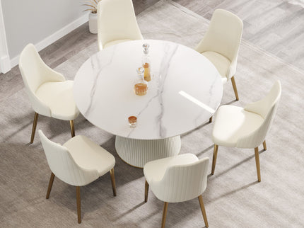 Modern Artificial Stone Round Plywood Base Dining Table, Can Accommodate 6 People, (Not Including Chairs) - White / Beige