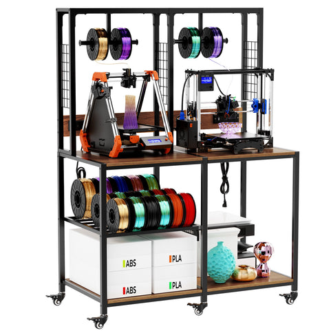 Double 3D Printer Stand With Filament Storage, T-Type Filament Holder, Lockable Wheel, Mobile Or Fixed Printer Rack For Home - Black