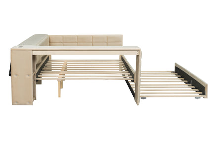 Upholstered Platform Bed With Storage Shelves, Desk, Charging Station And Trundle