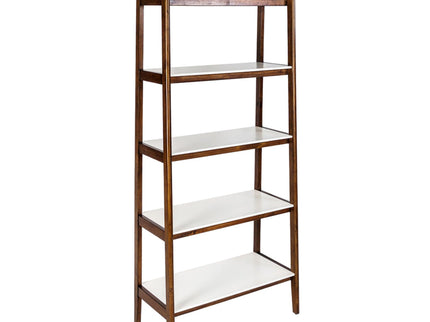 Mid - Century Design 5 Shelf Bookcase - Off White / Pecan