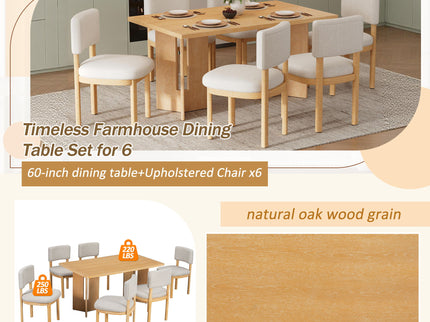 Dining Table Set With 6 Upholstered Chairs, Rectangular Table With Cutout Legs