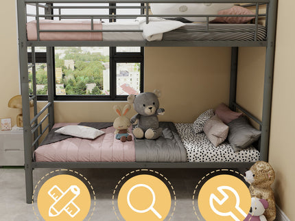 Metal Bunk Bed For Kids, Convertible Bedframe With Ladders & Guardrail