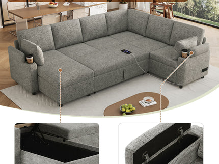 U-Shaped Sectional Sleeper Sofa With Ample Storage Space, 2 Cup Holders And Charging Ports For Living Room