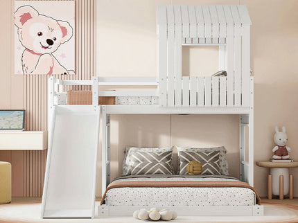 Loft Bunk Bed With Playhouse, Farmhouse, Ladder, Slide And Guardrails