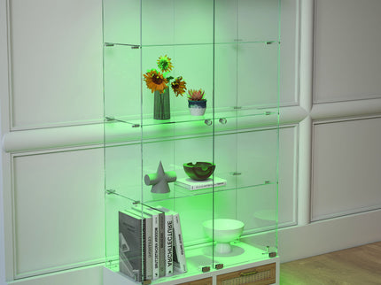 Glass Display Cabinet With LED Lights, Tempered Glass Doors, Large Drawers, 2 Door Storage Case With 4 Shelves - Natural / White