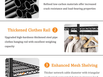 Freestanding Clothes Rack, With 6 Adjustable Wire Shelves And 3 Garment Rails - Black