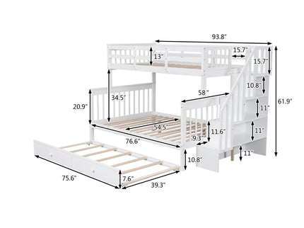Bunk Bed With Twin Size Trundle, Storage And Guard Rail For Bedroom
