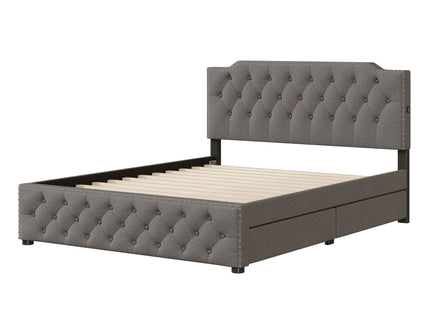 Upholstered Platform Bed With 2 Drawers And 2 Sets Of USB Ports On Each Side, Fabric