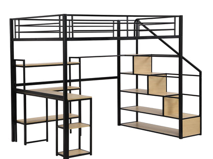 Full Size Loft Bed With Staircase, Built In Desk And Shelves And Sleeping Surface - Black