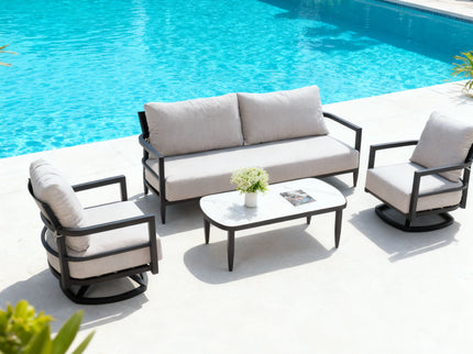 Outdoor Conversation Set With Chairs, Bench Sofa, Tables, Sunbrella Cushions