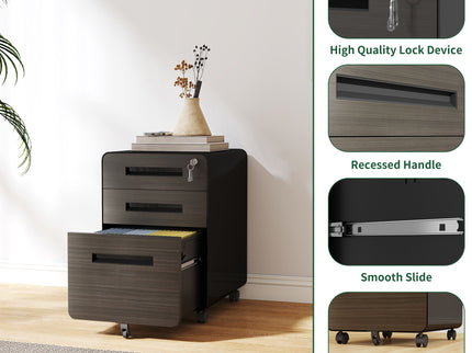 3-Drawer Mobile File Cabinet With Lock, On Casters, Holds A4/Letter Files