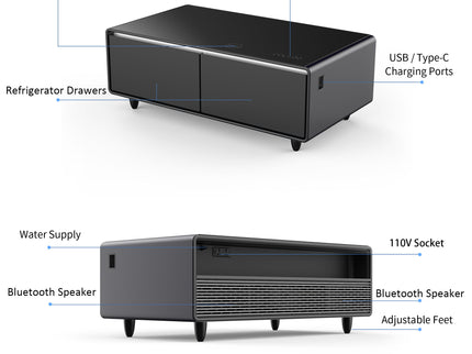 Modern Smart Coffee Table With Built-In Fridge, tooth Speaker, Wireless Charging Module, Touch Control Panel, Power Socket, USB Interface, Outlet Protection, Atmosphere Light