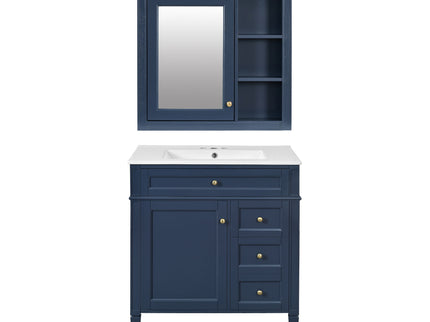Bathroom Vanity With Top Sink, 2 Doors And 3 Drawers, Freestanding Set With Mirror Cabinet