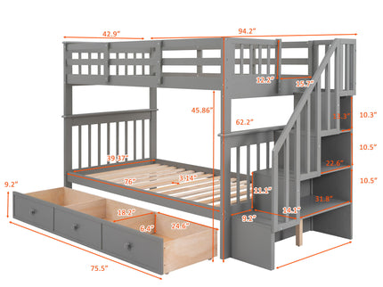 Stairway Bunk Bed With Storage And Guard Rail For Bedroom