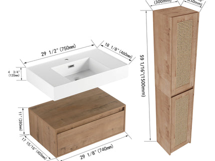Modern Imitative Wall Mounted Bathroom Vanity With Resin Sink & 2 Side Cabinet, Soft Close Drawer - Imitative Oak