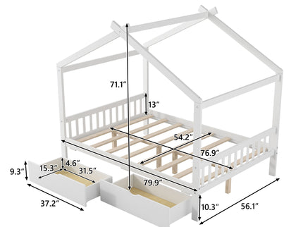 House Style Platform Bed With Headboard, Footboard, 2 Drawers, And Roof Design