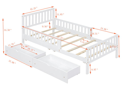 Platform Bed With Guardrails On Both Sides And 2 Storage Drawers