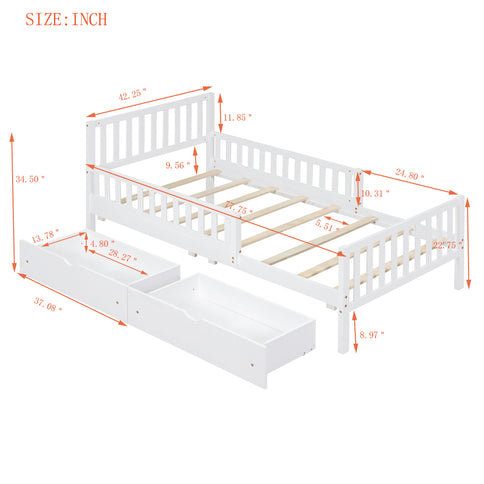 Platform Bed With Guardrails On Both Sides And 2 Storage Drawers