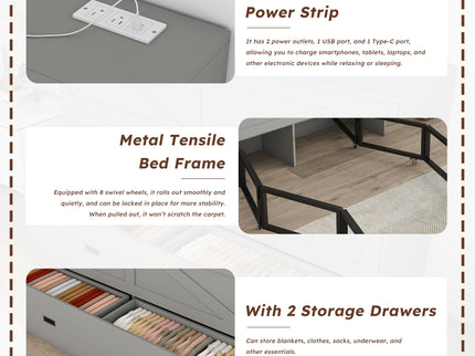 Full Murphy Bed With Storage Drawers, Charging Station, Foldable Panels, And Silent Swivel Wheels