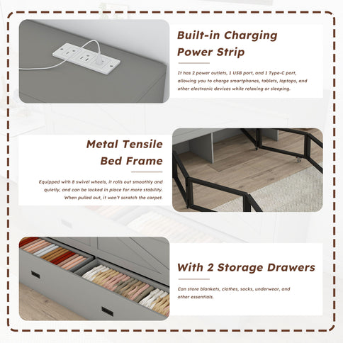 Full Murphy Bed With Storage Drawers, Charging Station, Foldable Panels, And Silent Swivel Wheels