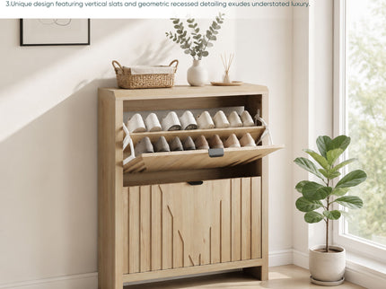 Entryway Shoe Cabinet With Vertical Carved Panels - Oak