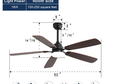 52" Ceiling Fan With LED Light, 6 Speed DC Motor, Remote Control - Matte Black