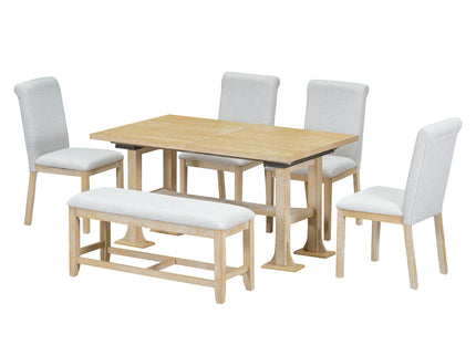 Topmax - 6 Piece Farmhouse Extendable Dining Table Set Trestle Kitchen Table Set With Removable Leaf And Upholstered Dining Chair And Bench For Dining Room