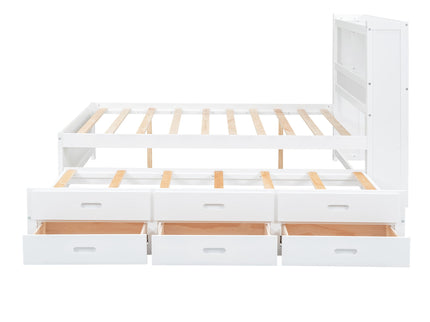 Full Size Platform Bed With Trundle, Drawers, USB Ports And Built In Shelves - White