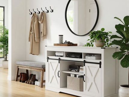 Farmhouse TV Stand With Sliding Barn Doors & Adjustable Storage