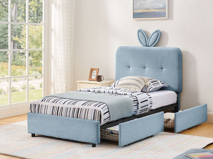 Upholstered Bed With Oversized Rabbit Ear Headboard, LED Lights & 4 Storage Drawers