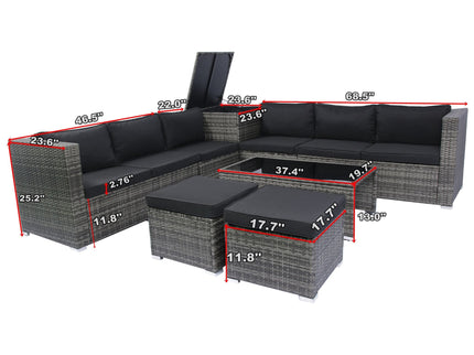8 Piece Patio Sectional Wicker Rattan Outdoor Furniture Sof Set With One Storage Box Under Seat And Cushion Box - Gray / Black