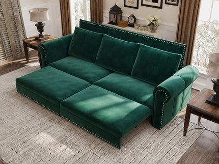 3 In 1 Convertible Sleeper Sofa With Nailhead Trim & Rolled Arm