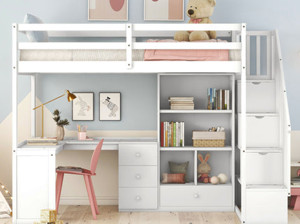 Loft Bed With L Shaped Desk, Drawers, Cabinet, And Storage Staircase