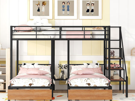 Full Over Twin-Twin Triple Bunk Bed With Drawers And Staircase - Black